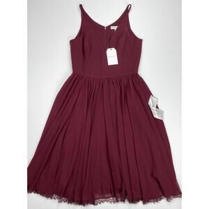 DRESS THE POPULATION Alicia Burgundy V-Neck Pleated Chiffon Midi Dress Large